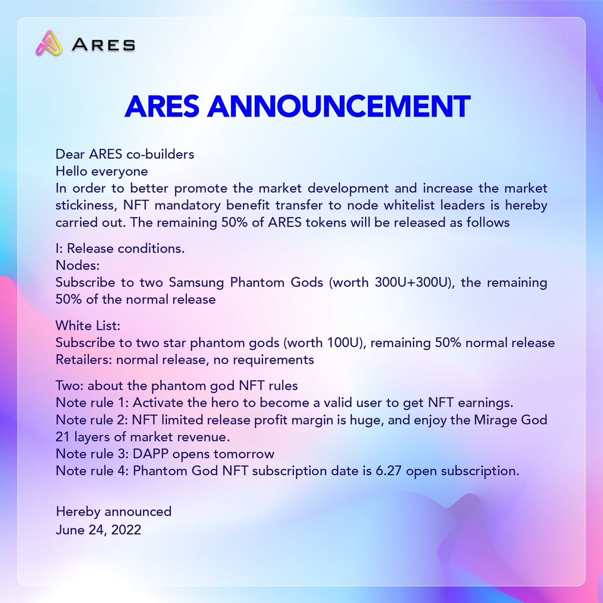 ARES___OS's tweet image. #ARES 🌈🌈Announcement
🌐🌐About the global ARES nodes to the Phantom God NFT contact.
1⃣. Better release conditions through NFT
2⃣.The details about the Phantom God NFT
#ARESDAO #Godofwar #NFT