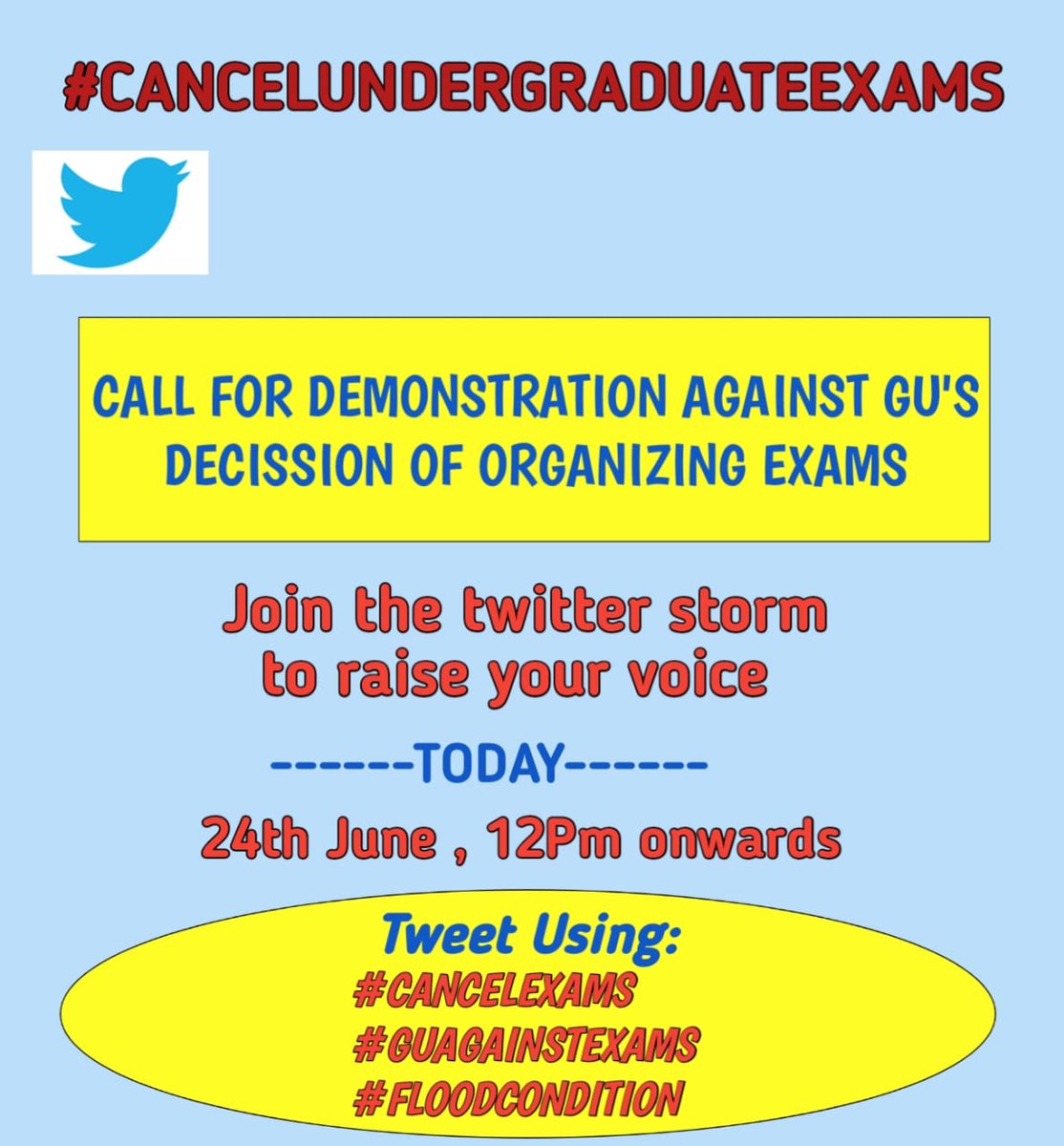 the_borahhh's tweet photo. Gauhati University must not ignore the current situation of flood.
Take a correct decision, Either Cancel Under Graduate final year examinations or make a alternative way.
#CANCELEXAMS 
#GUAGAINSTEXAMS 
#FloodinAssam 
@ranojpeguassam 
@himantabiswa https://t.co/HbrN2zh16w