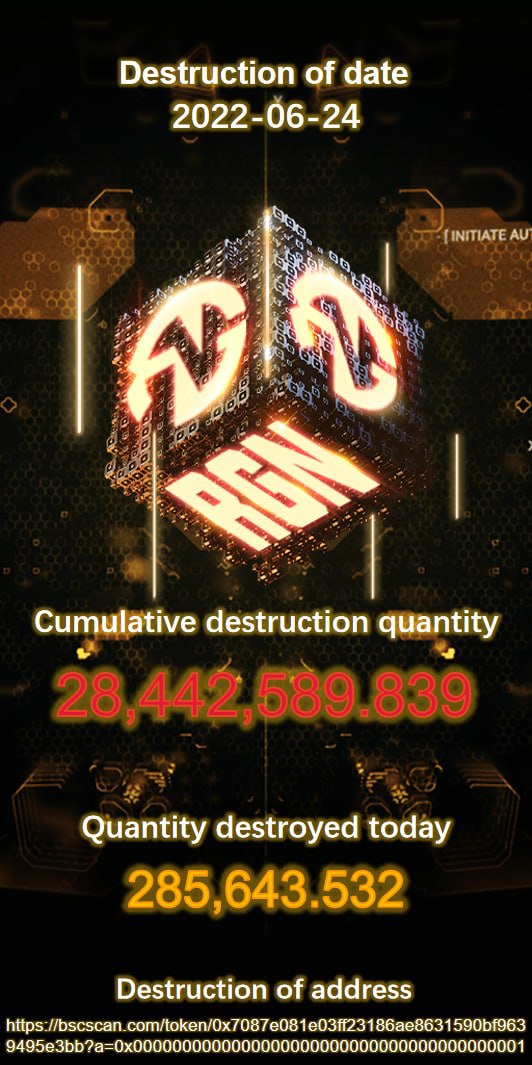🔥 #RadiantGlory Token (RGN) Destruction Update 🔥

🔸 Date: 06-24-2021
🔸 Quantity destroyed today: 285,643.532
🔸 Cumulative destruction quantity: 28,442,589.839

📍 $RGN destruction address: bscscan.com/token/0x7087e0…