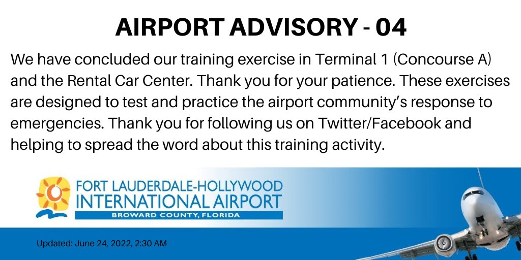 FLLFlyer's tweet image. Airport Advisory No. 4 #Airport #TrainingExercise