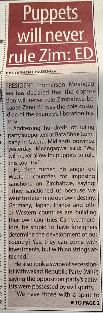 nickmangwana's tweet photo. President @edmnangagwa declared that “PUPPPETS will never rule Zimbabwe”. The @NewsDayZimbabwe reasons that therefore he means that “OPPOSITION” will never rule Zimbabwe! An interesting flow of logic from here. Are they telling us something about the character of Zim opposition? https://t.co/xHJ2b97lq7