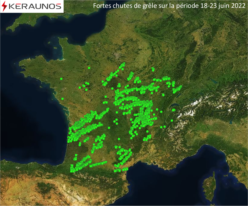 #Orages - Occurrences exceptionnelles sur une si courte période, de chutes de #grêle répétitives (> 2 cm).
Nous avons comptabilisé plus de 1400 cas >= 2 cm, près de 140 violentes chutes de grêle (>= 5 cm), et quelques grêlons géants (> 10 cm).
Synthèse : 