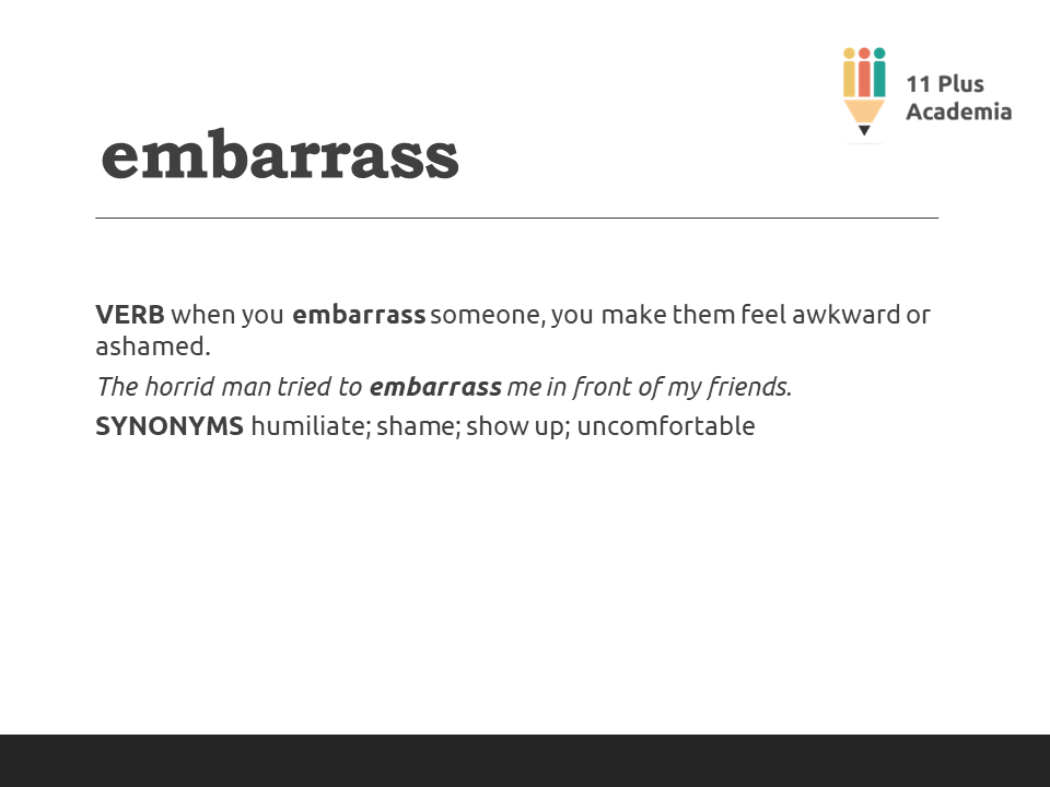 11PlusAcademia's tweet photo. embarrass
11 Plus word of the Day
#11Plus #11PlusPrep #11PlusExams #Vocabulary #English #NoLearningisWasted #WordOfTheDay https://t.co/yyVfHpLikh