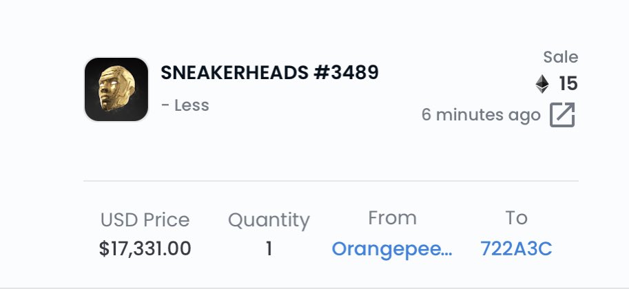 Sneakerheads #3489 sold for 15 #eth—$17,331. If you’re sleeping on #sneakerheads you really should grab one whilst you can. #NFT
