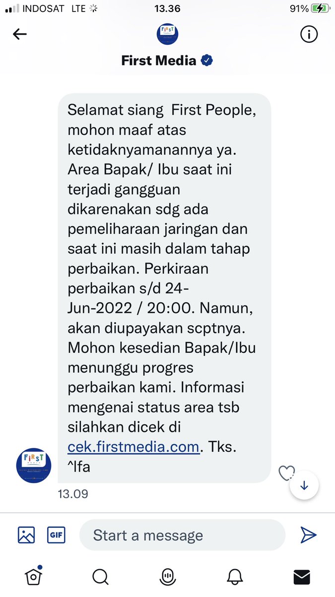 Ini apa apan pemeliharaan jaringan siang siang gini <a href="/FirstMediaCares/">First Media</a>