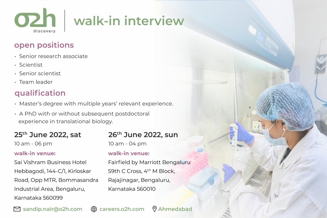 o2hgroup's tweet photo. 𝑾𝒂𝒍𝒌-𝒊𝒏 𝑫𝒓𝒊𝒗𝒆 𝑻𝒐𝒎𝒐𝒓𝒓𝒐𝒘!#Bangalore #Hiring #Biologists

@o2h_discovery is looking for qualified scientists, PhD &amp; Masters with extensive industrial experience

To know more https://t.co/RUjev3I20V

#drugdisocvery #phd #walkininterview #leadoptimization #Biology https://t.co/VYqVYFrp9Z
