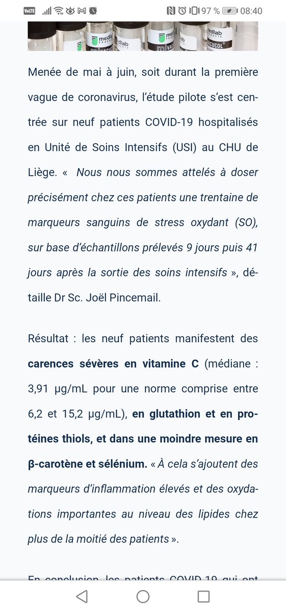Woodynist's tweet photo. Stress oxydant et complications post-COVID-19
Les patients manifestent des carences sévères en vitamine C (médiane : 3,91 µg/mL pour 1 norme comprise entre 6,2 et 15,2 µg/mL), glutathion, protéines thiols & dans 1 moindre mesure en β-carotène, sélénium.
https://t.co/kWNsHAapUF https://t.co/b2Ba6uyrxj