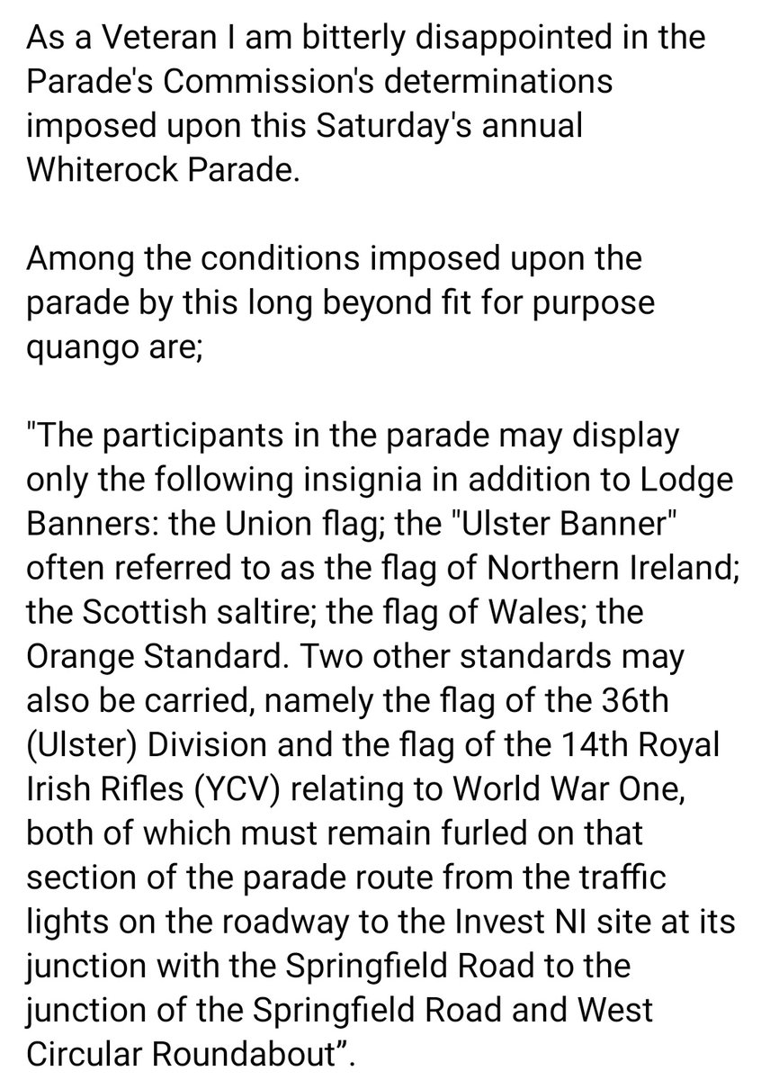 OfficialPUP's tweet photo. PUP Armed Forces Spokesperson Jim McCaw reacts to the "unjustifiable determination" imposed upon this Saturday's Whiterock parade.

Full statement below https://t.co/S2DC1Thx4A