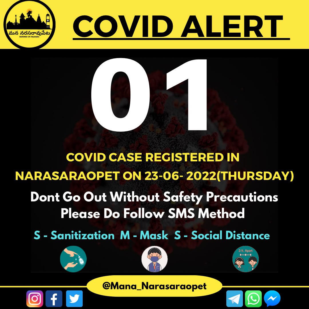 01 Covid Case Registered In NRT #ManaNarasaraopet Please Do Follow Covid Protocals #Narasaraopet 
Source : Way2News #Way2News #PalnaduDistrict