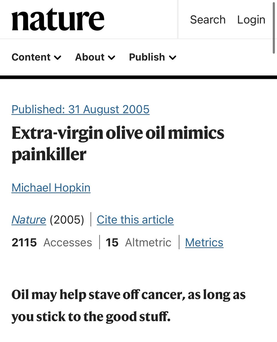 Zeytinyağı ağrı kesicidir. Bu bir iddia değil bir bilimsel tespit. 2 yemek kaşığı zeytinyağı ibuprofen tablet kadar etkili bir ağrı kesici etki sağlar.

İçindeki oleokantal bileşiği aynı ibuprofenin kullandığı yolakları kullanarak ağrıyı keser. 

İlaç gibi ama yan etkisiz şifa 🫒