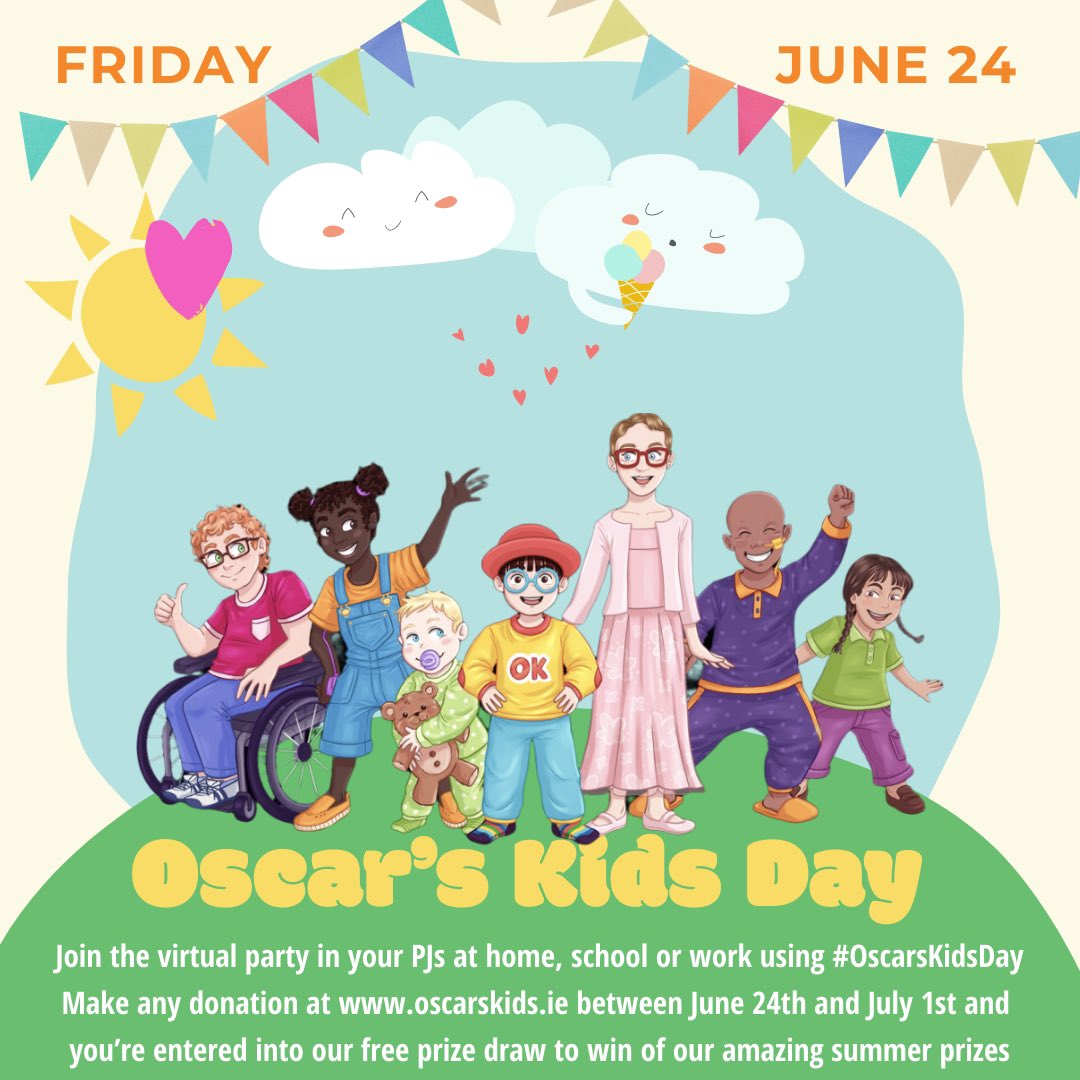 OscarsKidsIE's tweet photo. It’s #OscarsKidsDay and the launch of the Oscar’s Kids Club! Join the virtual PJ party by tagging us in your PJs and to support us and nab yourself one of our AMAZING prizes, go to https://t.co/q50lYN2azA and every donation will enter you into our free prize draw! Please RT 🥳 https://t.co/MZnGmgSWjm