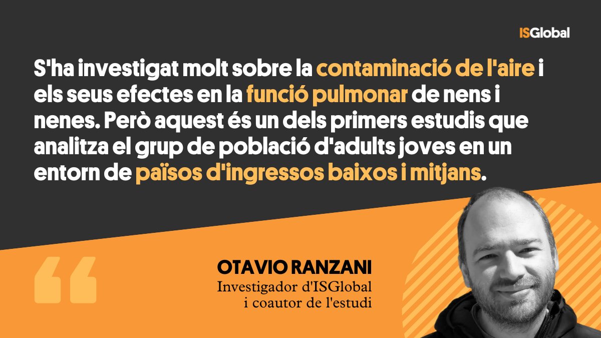 Les persones joves més exposades a la #ContaminacióAtmosfèrica domèstica presenten una pitjor funció pulmonar.

"És un dels primers estudis que analitza el grup de població d'adults joves en països d'ingressos baixos i mitjans", diu <a href="/otavio_ranzani/">Otavio Ranzani</a>.

📑 ow.ly/7l1I50JFvv7