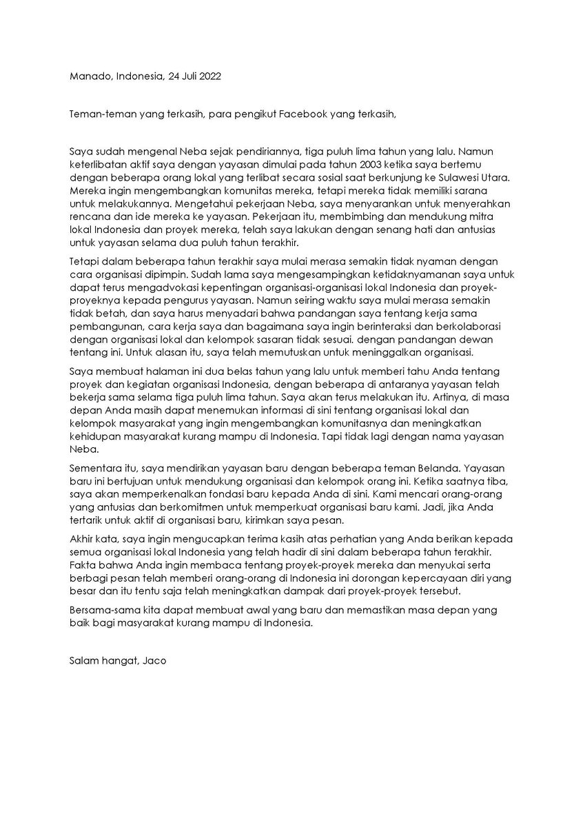 NieuwBeginSamen's tweet photo. Lieve vrienden, beste volgers,
Na 20 jaar komt er een einde aan mijn betrokkenheid bij stichting Nederland-Batam. De achtergronden van dit besluit en de toekomst van deze pagina lees je in de toegevoegde verklaring. 
Met vriendelijke groet, Jaco https://t.co/GE9XzbvxM5