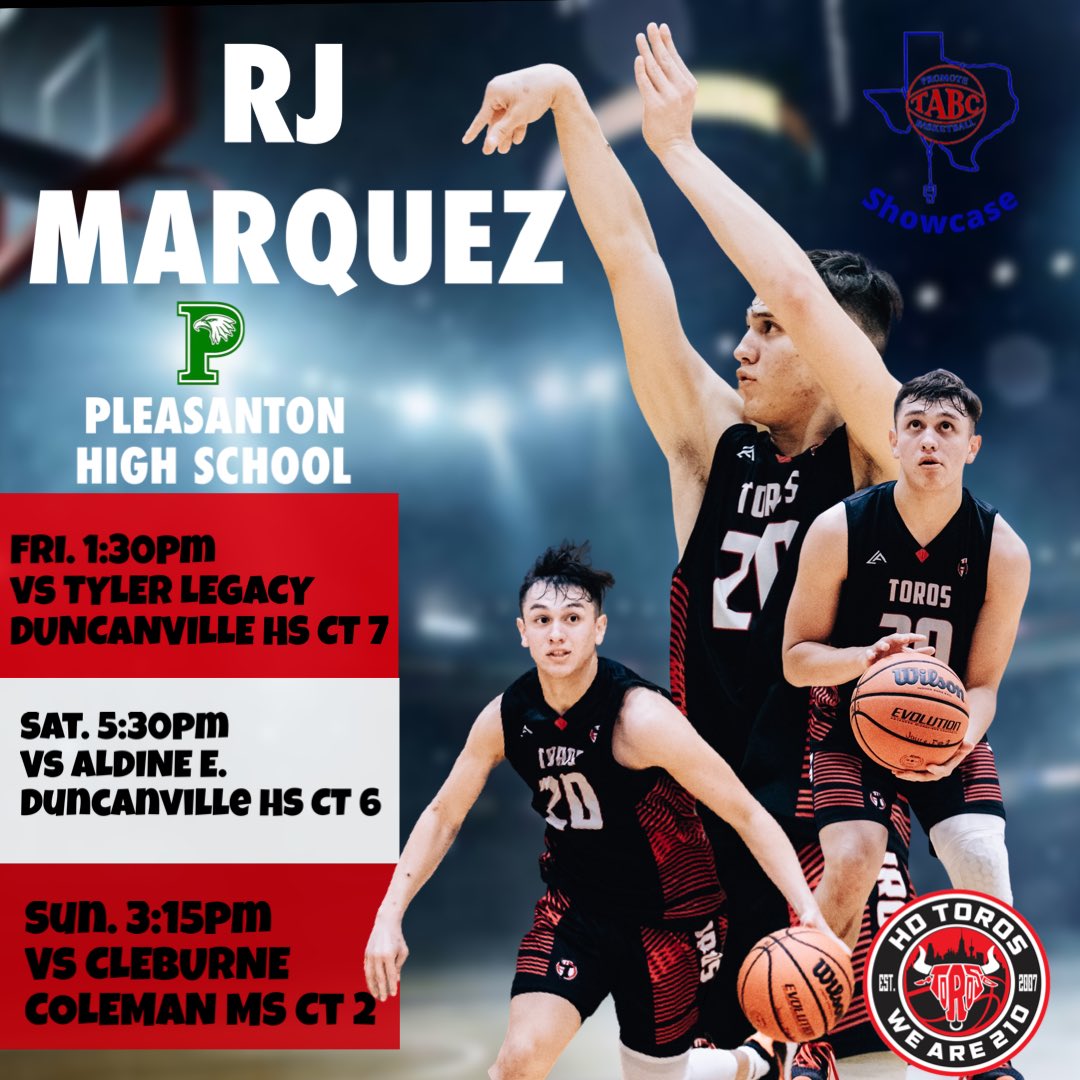 Good luck to HD Toros Elite pg <a href="/RJMarquez_1/">RJ Marquez</a> who will be playing with <a href="/PleasantonHoops/">PleasantonHoops</a> this weekend in the <a href="/Tabchoops/">𝙏𝘼𝘽𝘾🏀📋</a> Showcase in Duncanville. 🤘🏼 #WeAre210 #RunAsOne