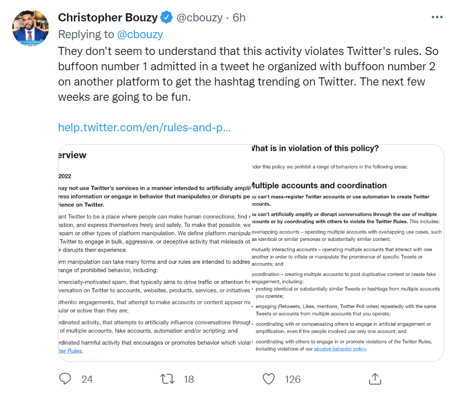 RekietaLaw's tweet photo. Got blocked by @cbouzy after he got destroyed on his idiotic tweet.  Now he's suggesting @ThatUmbrella and I violated twitters rules by "creating multiple accounts" to spam the service.

No, moron, we were on a LIVE SHOW with more people watching than even know you exist. https://t.co/sdFHWZMYKf