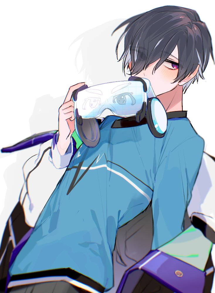 1boy male focus jacket solo controller holding controller hair over one eye  illustration images