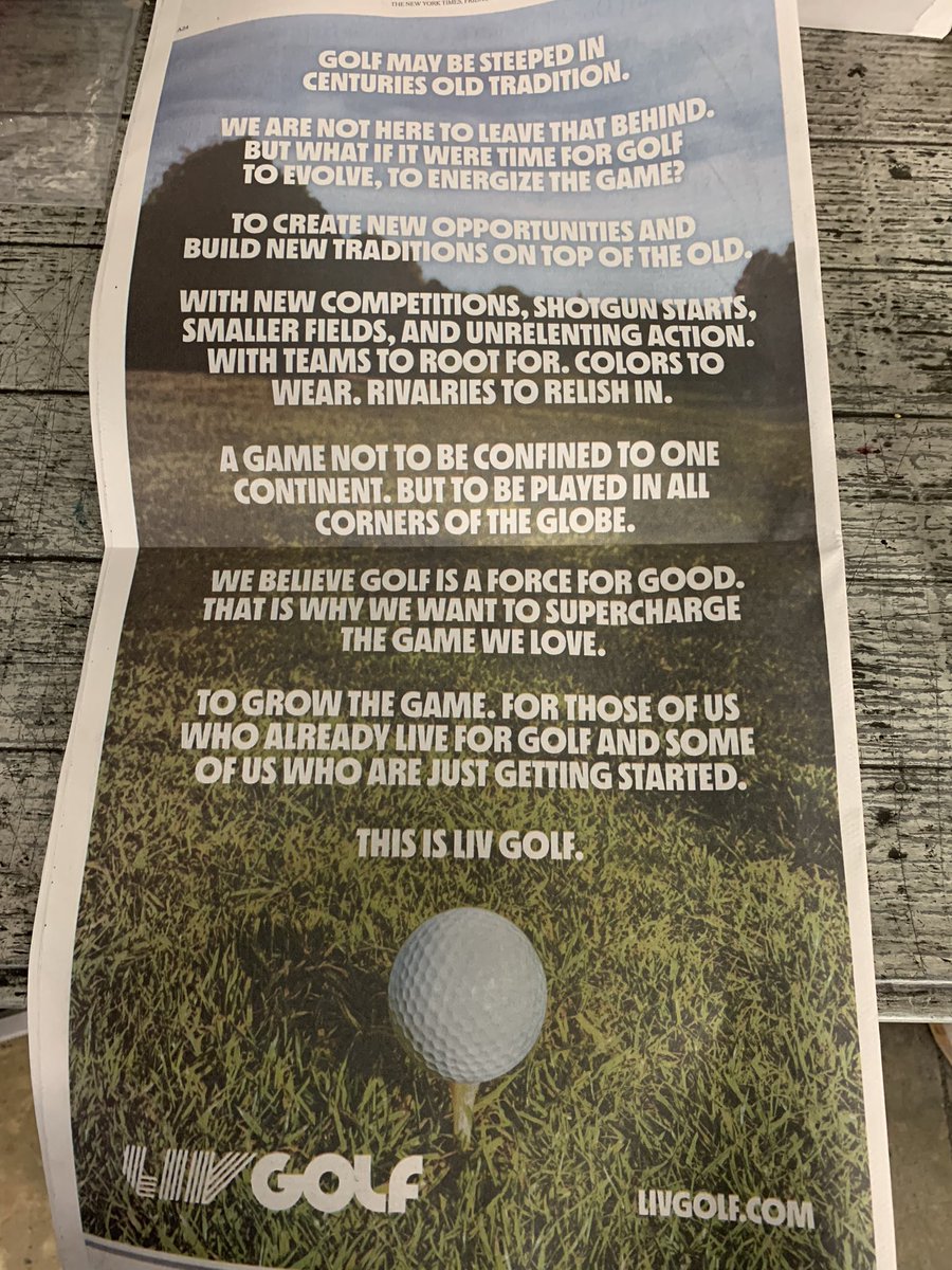 RickRunGood's tweet image. NEW: LIV Golf has taken out a full page ad on the backpage of tomorrow’s New York Times. 

The media blitz has begun.