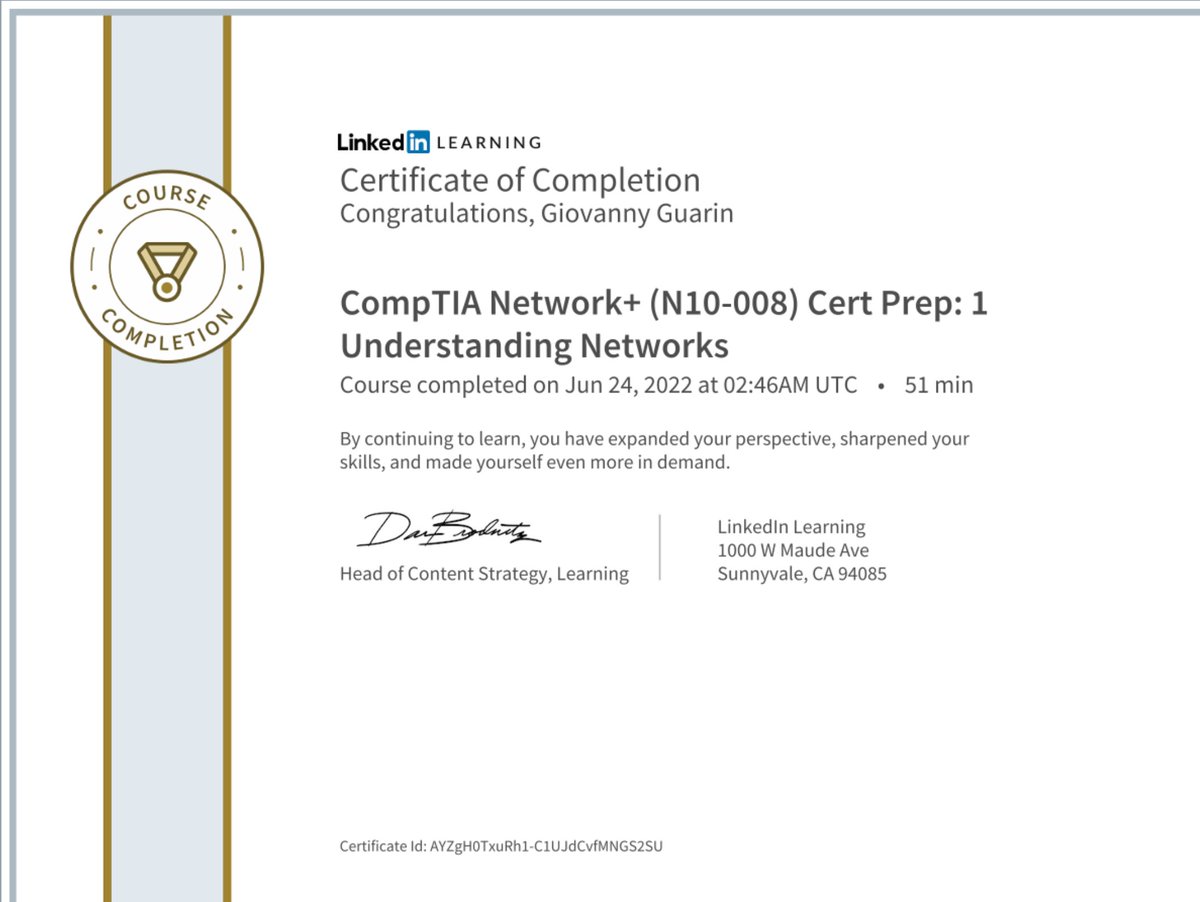 GioGuarin's tweet photo. 2 | #30DaysOfLearning 

Good evening! 

Completed the 1st cert prep for net+ on Linkedin learning. Mostly to chop away at my queue of videos I need to get through in order to hit the more challenging items. Time studied today was ~35 minutes. 

#networking #backend #Engineering https://t.co/iQURU0eL5J