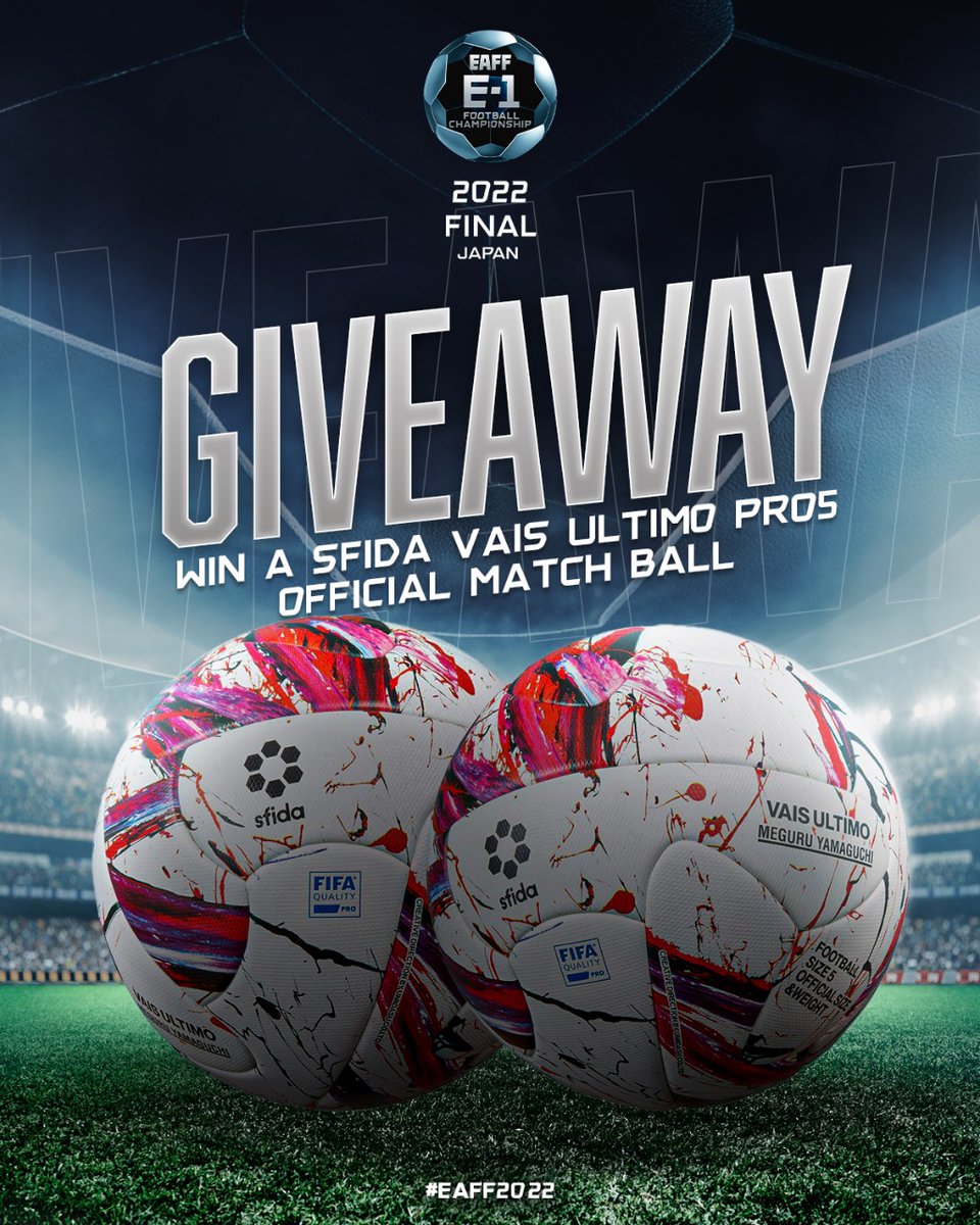EAFF_Official's tweet photo. 🚨 𝗚𝗜𝗩𝗘𝗔𝗪𝗔𝗬! 🚨

⚽ Want to win a @SFIDAs ᴠᴀɪꜱ ᴜʟᴛɪᴍᴏ ᴘʀᴏ 5 used match ball?

1️⃣ Follow @EAFF_Official 
2️⃣ RT + like this 
3️⃣ Tag a friend &amp; tell us where in the 🌏 you will be watching #EAFF2022!

 #sfida | #sfidasports | #forthechallenger https://t.co/z7W46FpG2F