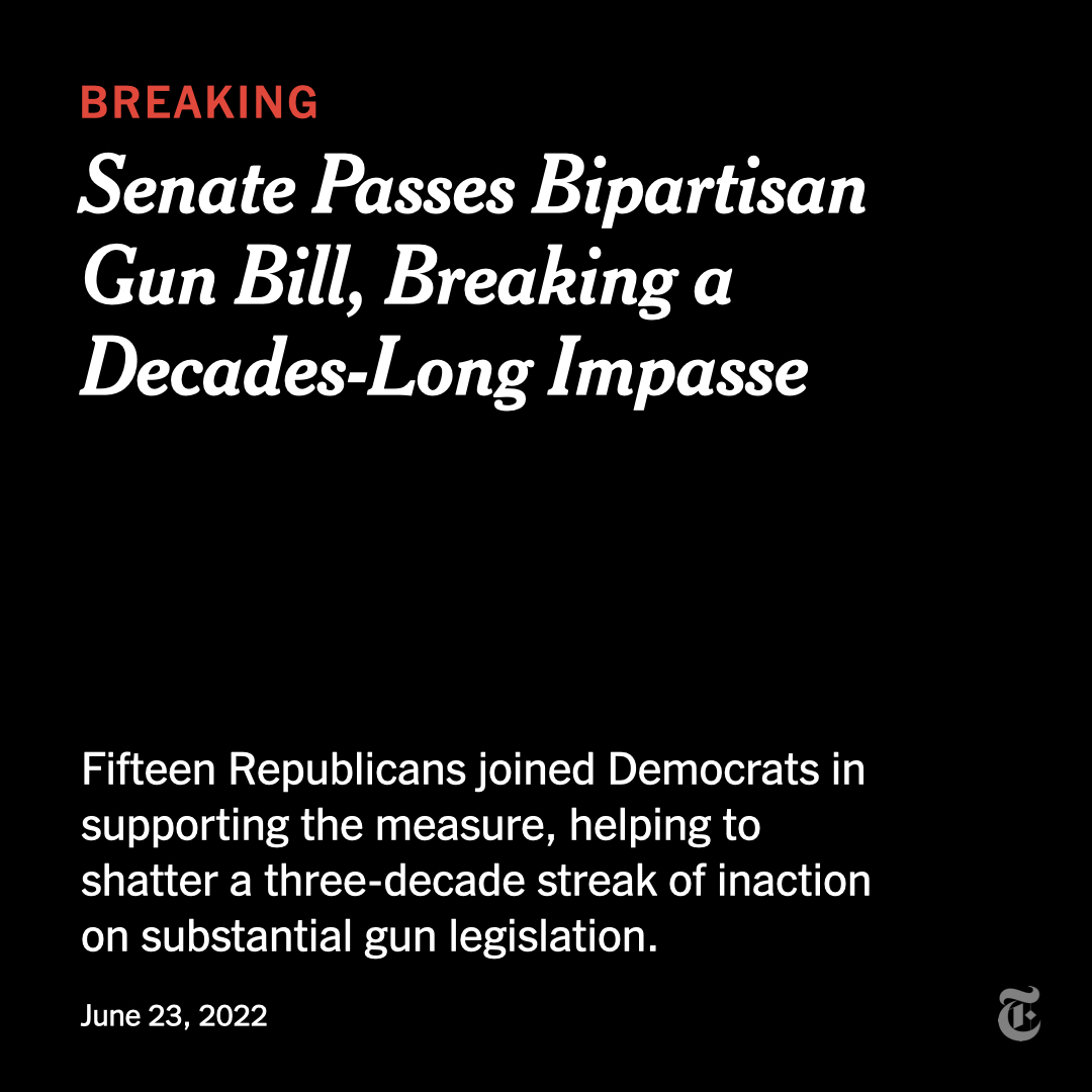 nytimes's tweet photo. The Senate passed a bipartisan gun safety bill 65 to 33, with 15 Republicans supporting the measure, breaking nearly three decades of inaction on substantial gun legislation. https://t.co/DHPzpbWexe https://t.co/RsndCtan4W