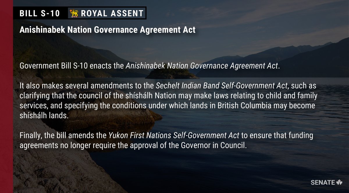 Bill #S10 has received Royal Assent, which will take effect once the House of Commons has been advised: ow.ly/O8xU50JGhXn

#SenCA #cdnpoli