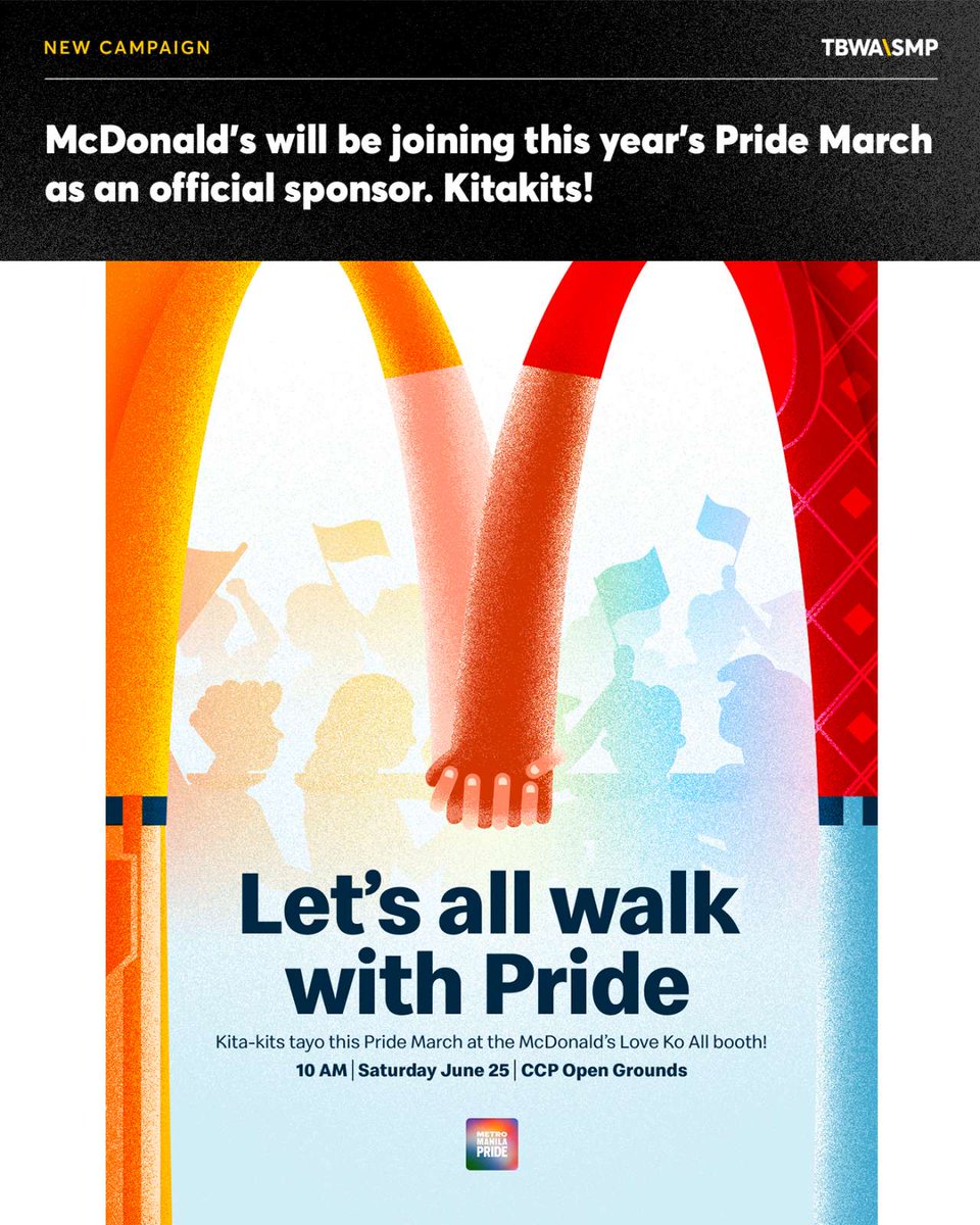 Dahil love tayong lahat ng McDo, the brand will be joining this year's Pride March as an official sponsor. 🏳️‍🌈🏳️‍⚧️
 
🌈 Freebies await the first 300 customers! Also enjoy free merch when you pose at the photo wall!

Kita-kits! #Pride #PrideMonth #PrideMarch #AtinAngKulayaan
