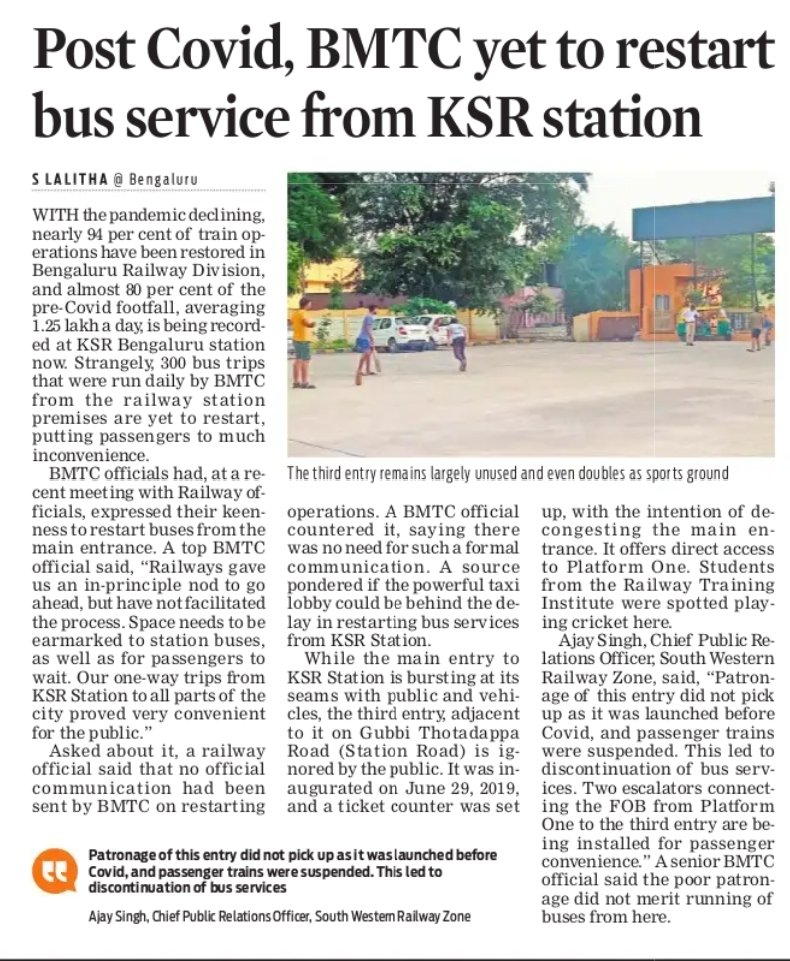 Lolita_TNIE's tweet photo. The 300 one-way bus trips run by BMTC frm KSR Bengaluru stn was v. convenient 4 train psgs. Post-covid, BMTC ready to restart ops but Rlys not facilitating it, they say. Also poor patronage @ 3rd entry leading to PF1; no parking firm interested @NewIndianXpress @drmsbc @BSBommai https://t.co/233MtvTqjH