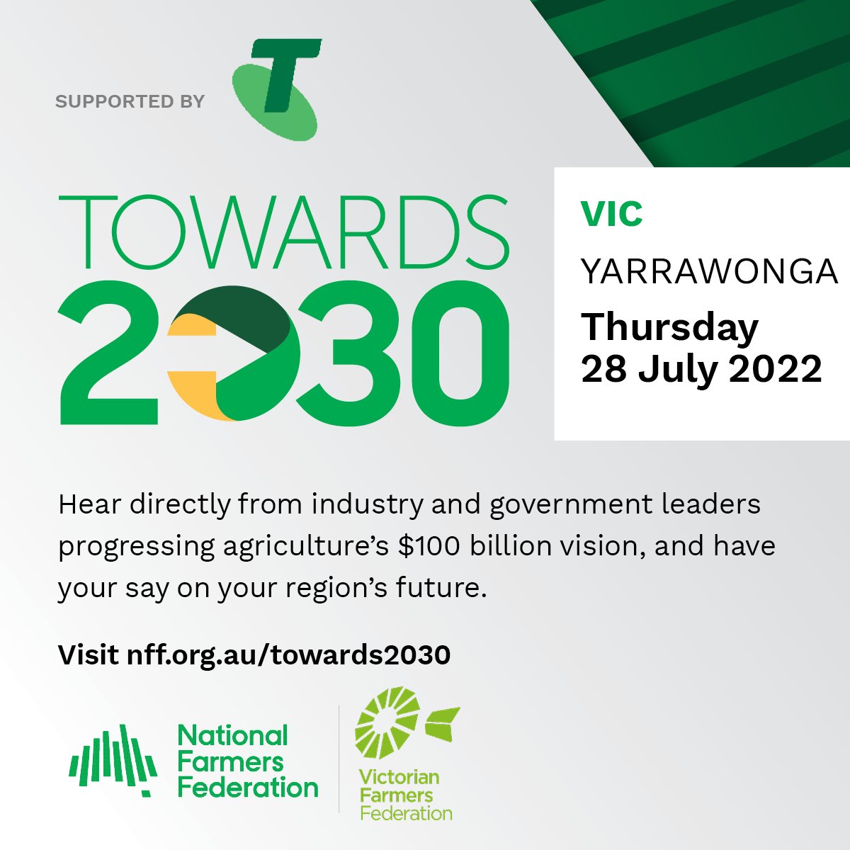 Victorian Farmers Federation (VFF) (@vicfarmers) on Twitter photo The <a href="/NationalFarmers/">National Farmers' Federation</a> Towards 2030 Forum is coming to Yarrawonga on 28 July.
You’ll hear from a wide range of industry leaders across politics, innovation and government about the steps being taken to grow Australian ag.
Register and read more here: bit.ly/3HQKXmF The <a href="/NationalFarmers/">National Farmers' Federation</a> Towards 2030 Forum is coming to Yarrawonga on 28 July.
You’ll hear from a wide range of industry leaders across politics, innovation and government about the steps being taken to grow Australian ag.
Register and read more here: bit.ly/3HQKXmF