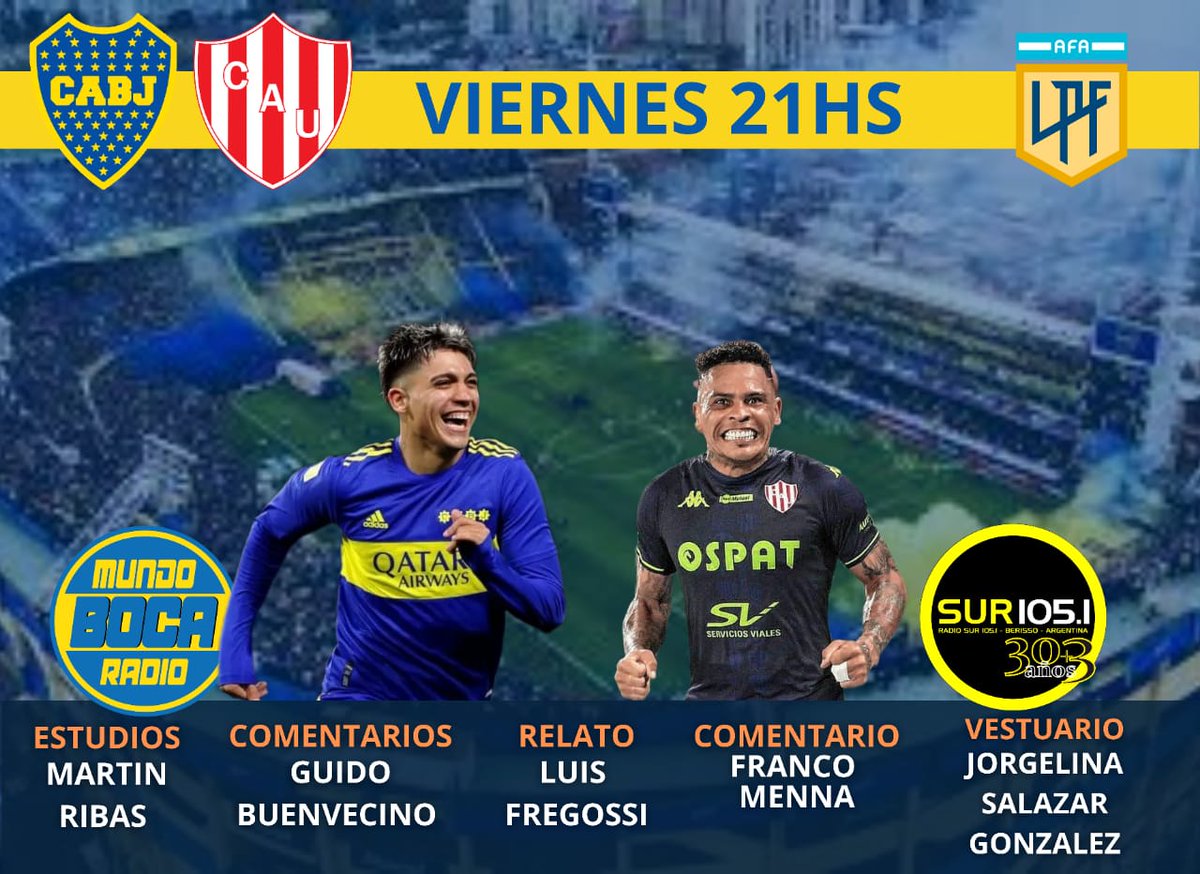 mundobocaradio's tweet photo. #hoyjuegaboca ! El equipo de Battaglia busca una victoria para subirse a la punta del torneo local y vos lo vas a vivir desde las 21 por @mundobocaradio en @radiosur105 🎙️
@LuisFregossi 
@martinribasmr 
@GBuenve 
@FrancoMennaOk 
@jorgelina_ok 
Producción @SoyDiegoRomano ☑️ https://t.co/S95k2AMzq2