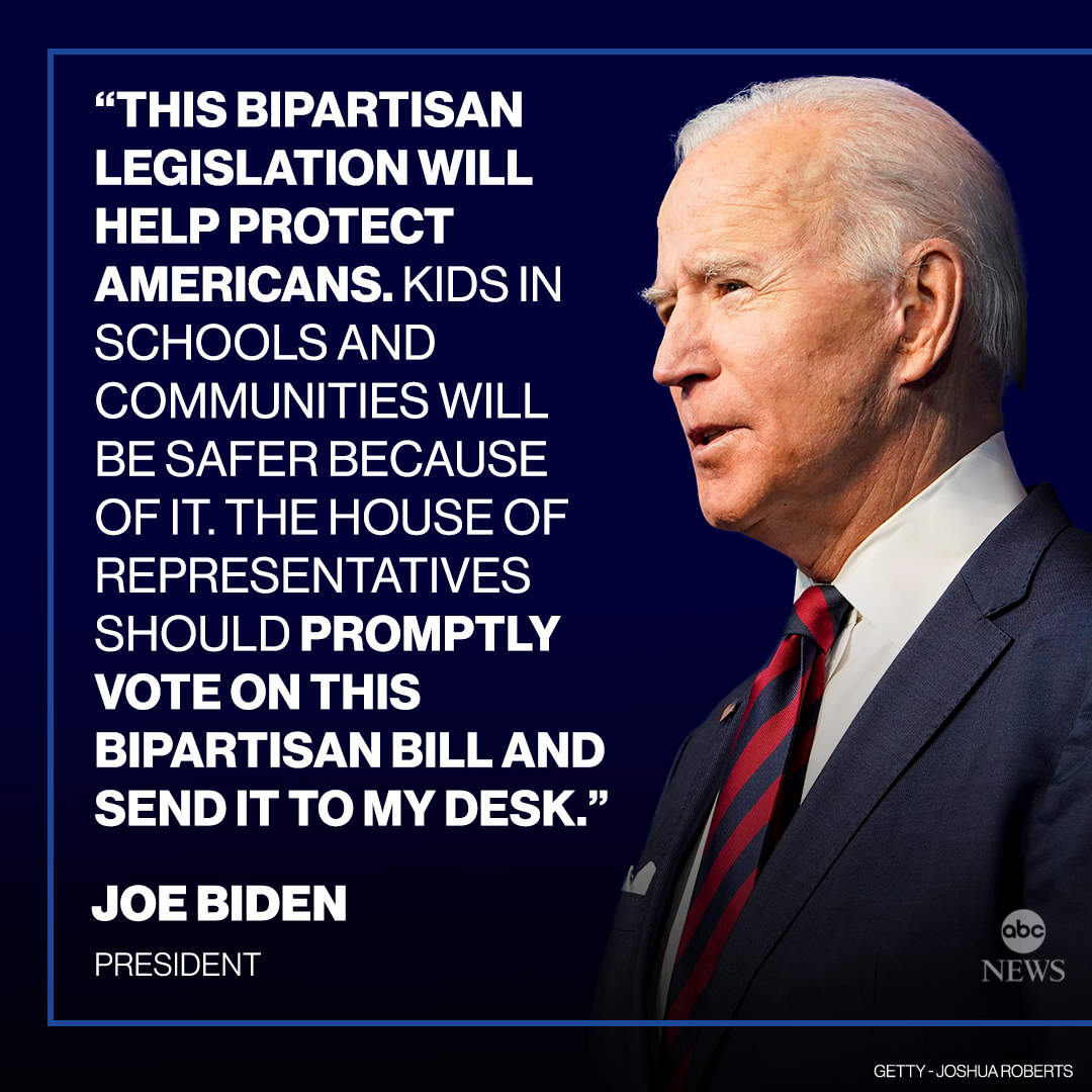 ABC's tweet image. Pres. Biden issues statement on Senate passage of bipartisan gun legislation: “Tonight, after 28 years of inaction, bipartisan members of Congress came together to heed the call of families across the country.” abcn.ws/3xNOJc5