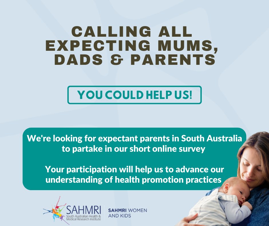 Can you help us?
Our team of SAHMRI Women and Kids researchers are looking for expecting parents to complete this short online survey! 

By providing your input, you can help us advance our understanding of current health promotion practices here in SA.

sahmri.au/Pregnancy_Surv…