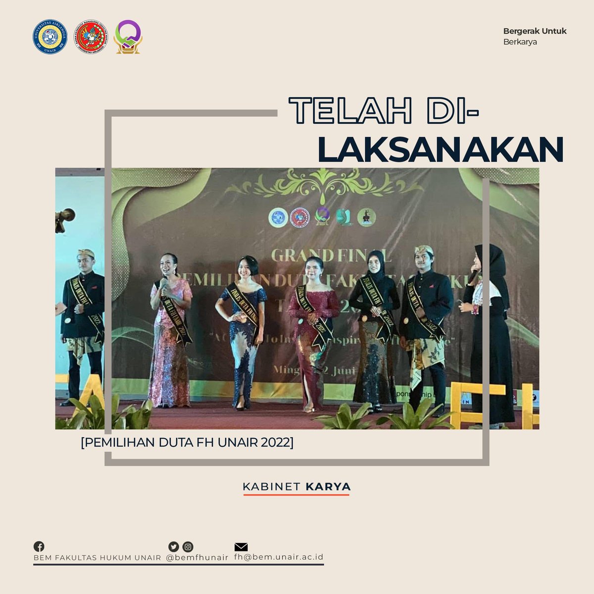[TELAH DILAKSANAKAN : PEMILIHAN DUTA FH UNAIR 2022]

Tepat pada tanggal 4, 11, dan 12 Juni 2022, Kementerian Pemuda dan Olahraga BEM FH Unair Kabinet Karya berhasil menyelenggarakan serangkaian acara pemilihan Duta FH UNAIR 2022.

.

KABINET KARYA !
BERGERAK untuk BERKARYA !