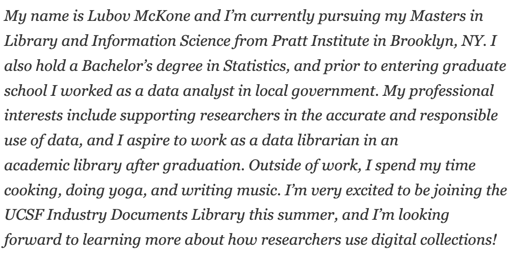 It's me on the <a href="/industrydocs/">Industry Documents Library</a> blog 🤓 So excited to spend the summer working with this fabulous team to create guidelines for researchers utilizing video transcriptions as textual data 

broughttolight.ucsf.edu/2022/06/