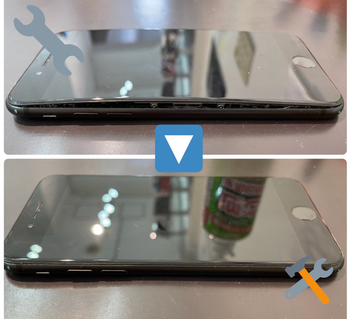 case_msa's tweet photo. 先日、膨張してしまったiphone8のバッテリーの交換を行いました！膨張してパネルが浮いてしまっていてもバッテリー交換を行えばパネルも平らになります🙌 https://t.co/077nklCn3K