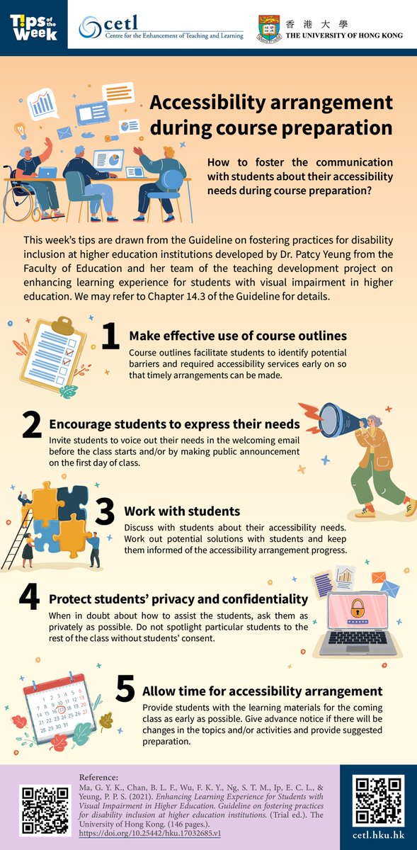TALICHKU's tweet photo. This week, Dr. Patcy Yeung, Dr. Gloria Ma from @hku_education, and their team of the teaching development project provide us tips for accessibility arrangement during course preparation. Click here to know more about the posts: https://t.co/mjhxxJza4c #CETLTipsofTheWeek https://t.co/6OmCvobAWB