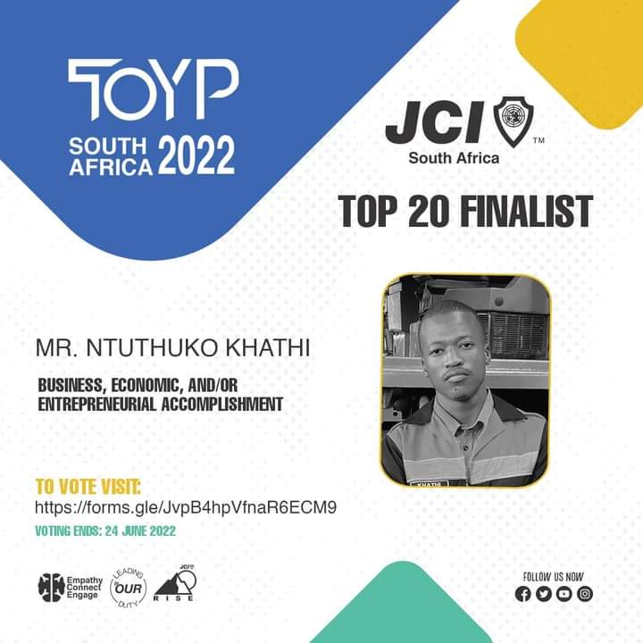 KhathiHoldings's tweet photo. Vote for Mr Ntuthuko Khathi for Business, Economic, and/ or Entrepreneurial Accomplishment
You can now vote for your top 10 nominees via this link: https://t.co/9vOqlcEgg7
Public Voting closes 24th of June 2022
#jcitoyp2022
#JCISA
#JCISouthAfrica
#JCITOYP
#KhathiCharcoal https://t.co/nmXGmzeUAD