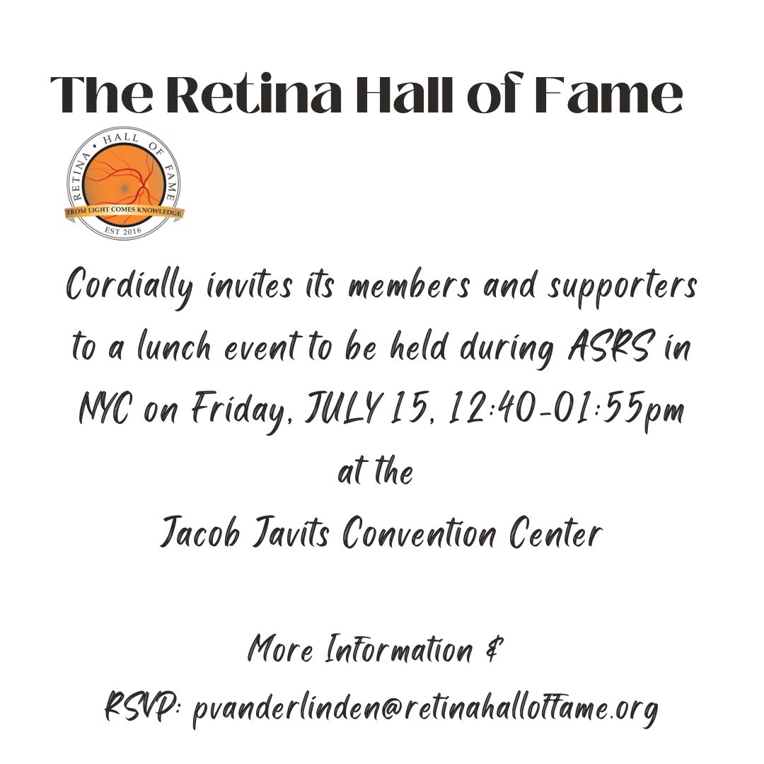 The Retina Hall of Fame is pleased to invite its members for a special lunch event at ASRS NYC 2022 #asrs2022 <a href="/asrsdocs/">ASRS</a> 
We are grateful to our partners @Genentech and <a href="/Novartis/">Novartis</a> who have joined us in our mission to recognize and honor innovators and leaders in the field of retina