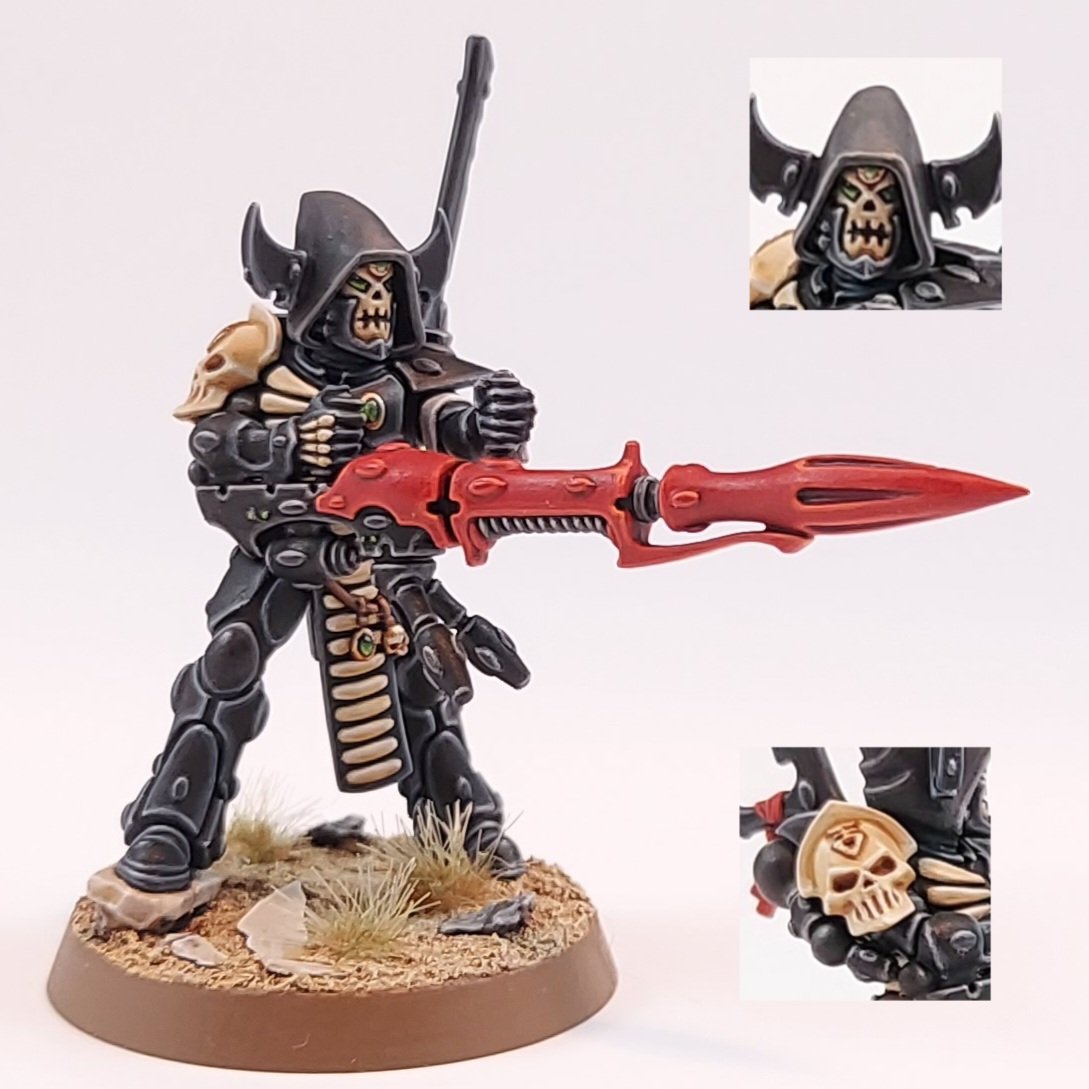 tom_h_jr's tweet photo. I finished the #darkreaper unit. Pretty happy with them and glad I painted a lot of bone to break up the black. So, so much edge highlighting on these guys! Included an exarch scale shot for fun. #WarhammerCommunity #warhammer40k #eldar #aeldari #paintingminiatures https://t.co/5IX1tRxQU8