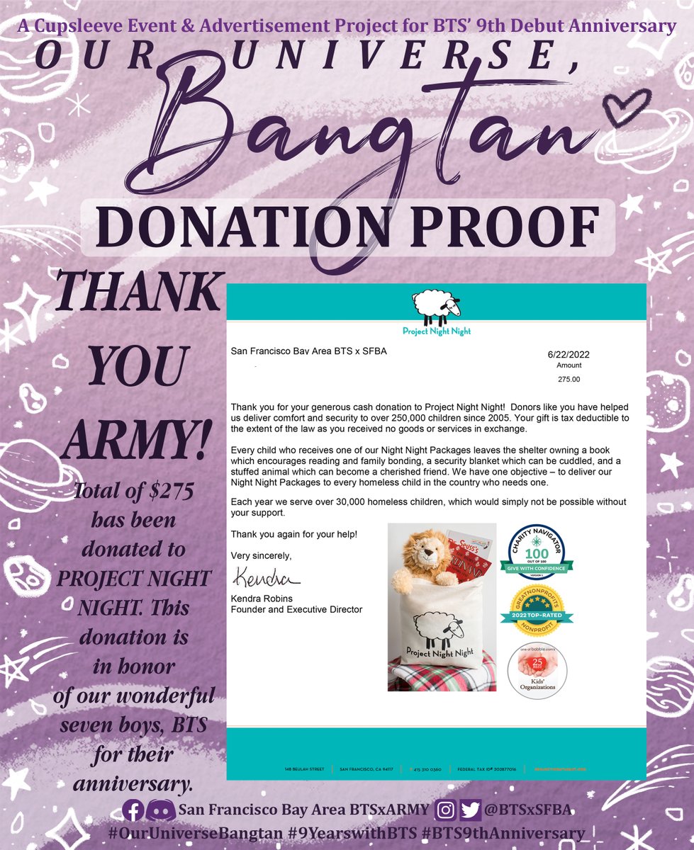 BTSxSFBA's tweet photo. Thank you ARMY!!!💜 $275 has been donated to PROJECT NIGHT NIGHT (https://t.co/sp4rrY3Oq6) so that they can continue to deliver free Night Night Packages for children. This donation is in honor of our seven boys' anniversary, @BTS_twt. THANK YOU  &amp; BORAHAE!
#OurUniverseBangtan https://t.co/fXFHq7GA03