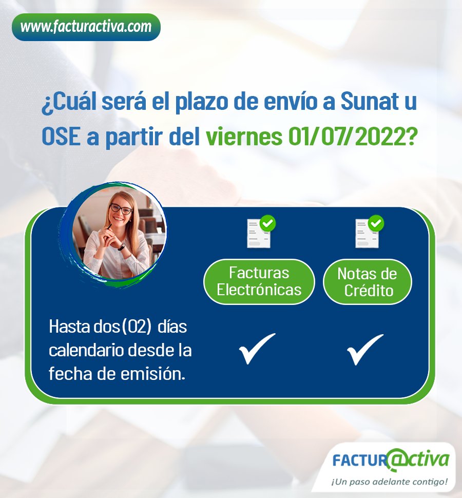 facturactiva's tweet photo. @facturactiva
A partir del 01/07/2022 el plazo de envío de las facturas electrónicas y notas de crédito electrónicas a SUNAT u Ose será de hasta 2 días calendario desde la fecha de emisión del comprobante.

Accede a nuestra consultoría:
👉 https://t.co/3QcLyoVlZP https://t.co/mnUTrliQRg