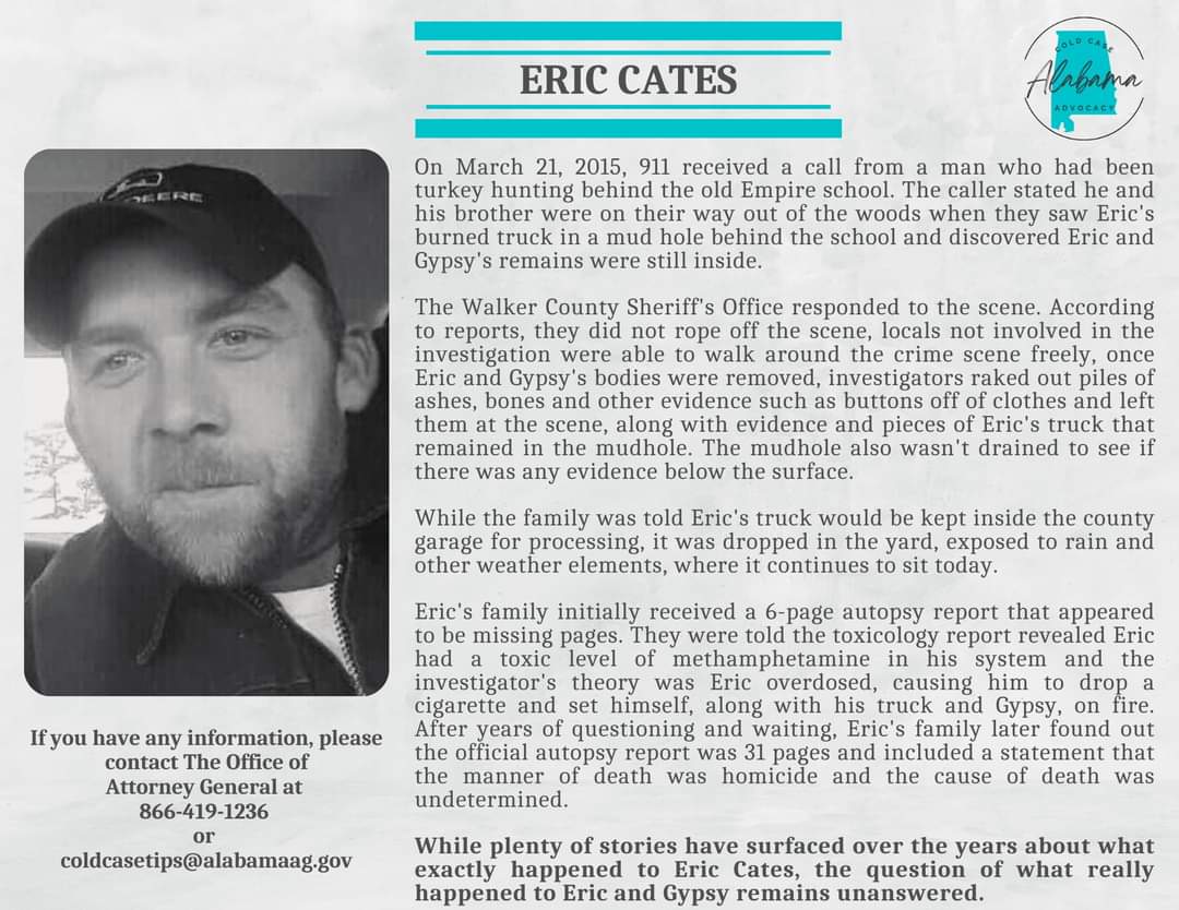 knew2126's tweet photo. On 3/21/15 two turkey hunters discovered 32-year-old #EricCates burned to death in his truck along with his beloved dog.  7 yrs later, his case remains open with @SteveMarshallAL.  If you have any information, please contact the Attorney General's Office.
https://t.co/Ha2fzjhoeL https://t.co/QZgXIx13uH