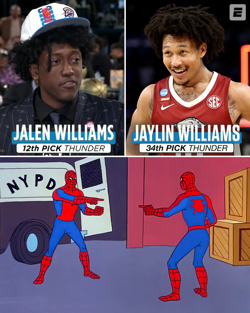Another one 🤣

𝐉𝐚𝐲𝐥𝐢𝐧 Williams and 𝐉𝐚𝐥𝐞𝐧 Williams BOTH got drafted tonight by the Thunder.