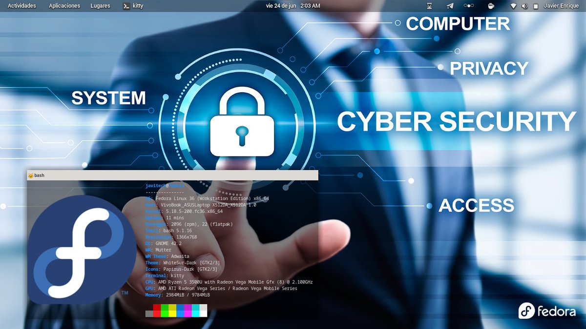 4Sentinell's tweet image. Mi aporte al #ViernesDeEscritorio llega con mi siempre apreciada #FedoraLinux. La terminal semipersonalizada con #KittyTerminal y un fondo de pantalla adhoc a lo que me gusta. 
#GNULinux
#Linux
#Fedora 
#EscritorioGNULinux