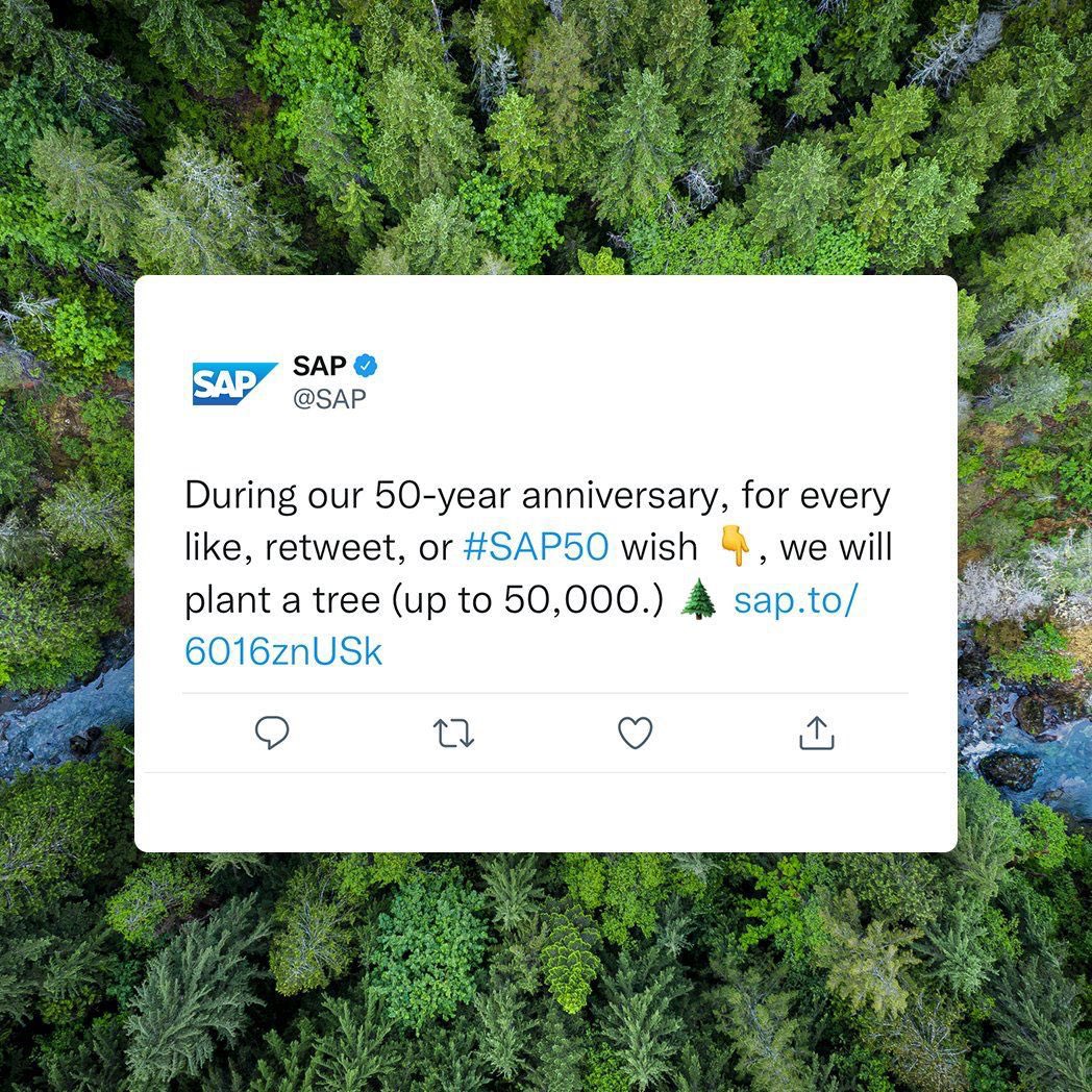 We're racing towards our climate goals on our 50th anniversary, and I need my Twitter fam to join in! RT this post with #SAP50 and we'll be planting a sapling for each share or like. You'll also find yourself on the <a href="/sap/">SAP</a> Twitter wall sap.com/about/company/…