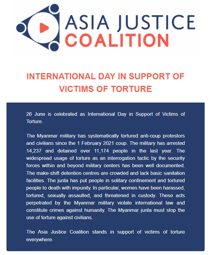 asiajcoalition's tweet photo. Ahead of International Day in Support of Victims of Torture, Asia Justice Coalition calls on the #Myanmar military to stop the use all forms of torture against people. The @asiajcoalition stands in support of victims of #torture everywhere. #IDSVT https://t.co/UZQh16qIL0
