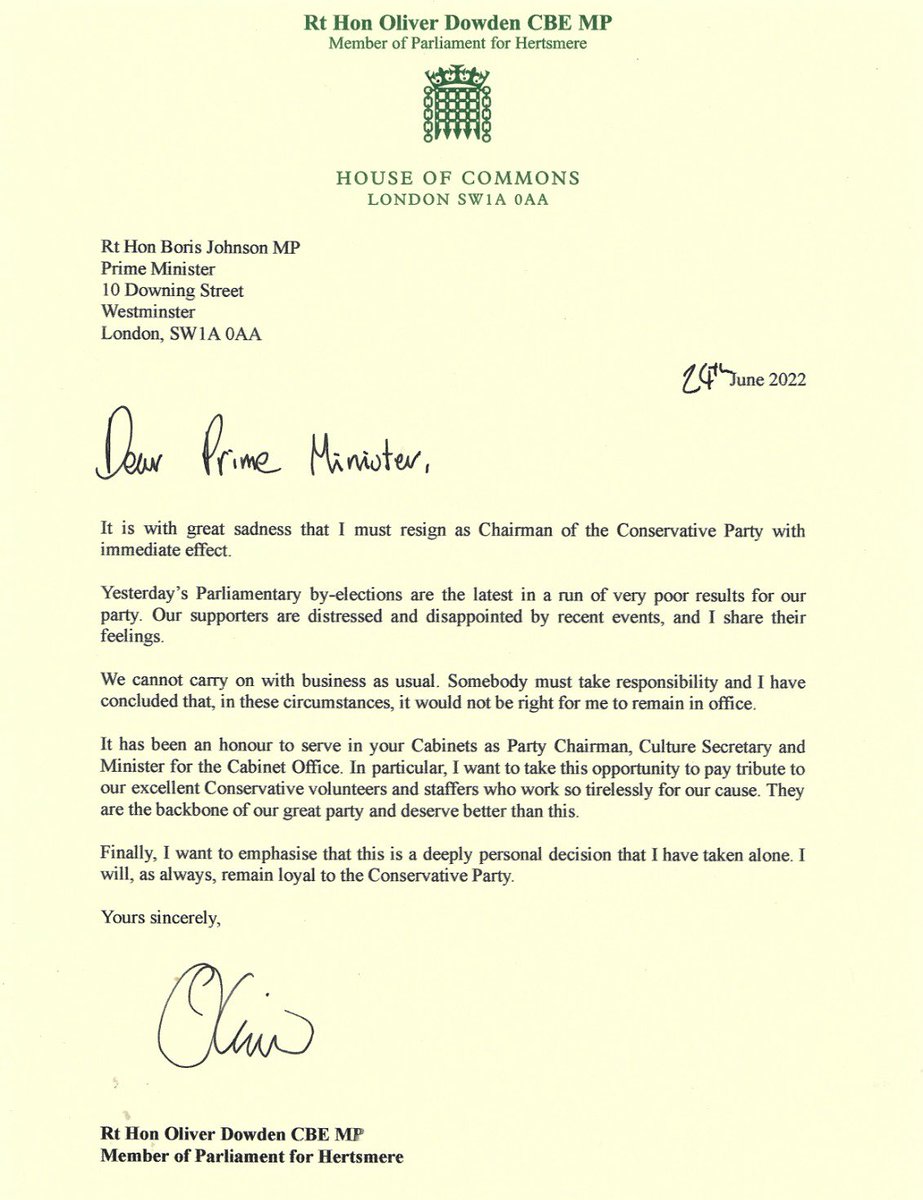 My letter of resignation to the Prime Minister.