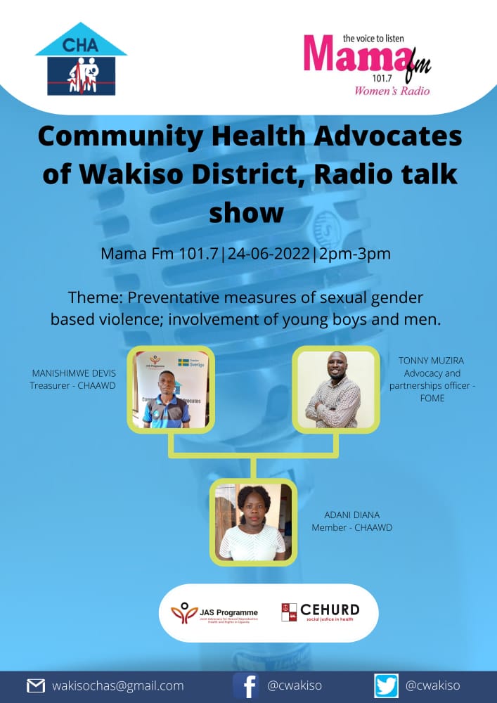 Today our Advocacy and Partnerships officer @muzirajohnson will join other Advocates on what role do young boys and men play in the prevention of  (SGBV) in our communities?
Join us from 2 to 3pm at Mama FM
#CommunityHealth 
@JasProgramme