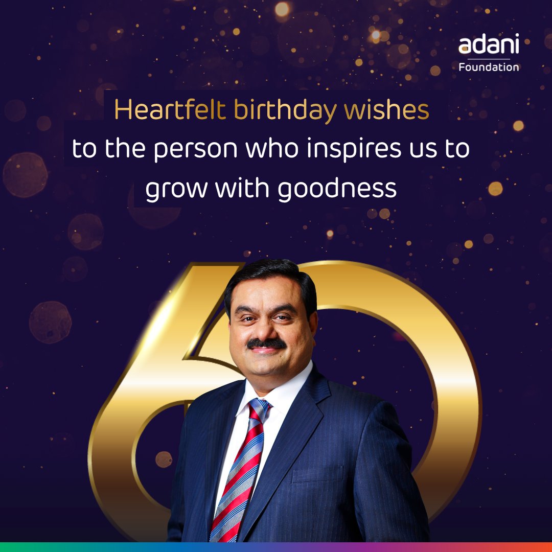 Our Chairman, Shri <a href="/gautam_adani/">Gautam Adani</a>, keeps inspiring us with his vision for nation-building. As he turns 60 and enters a new chapter, we wish him good health and more success in life. #GSAat60 #GrowthWithGoodness