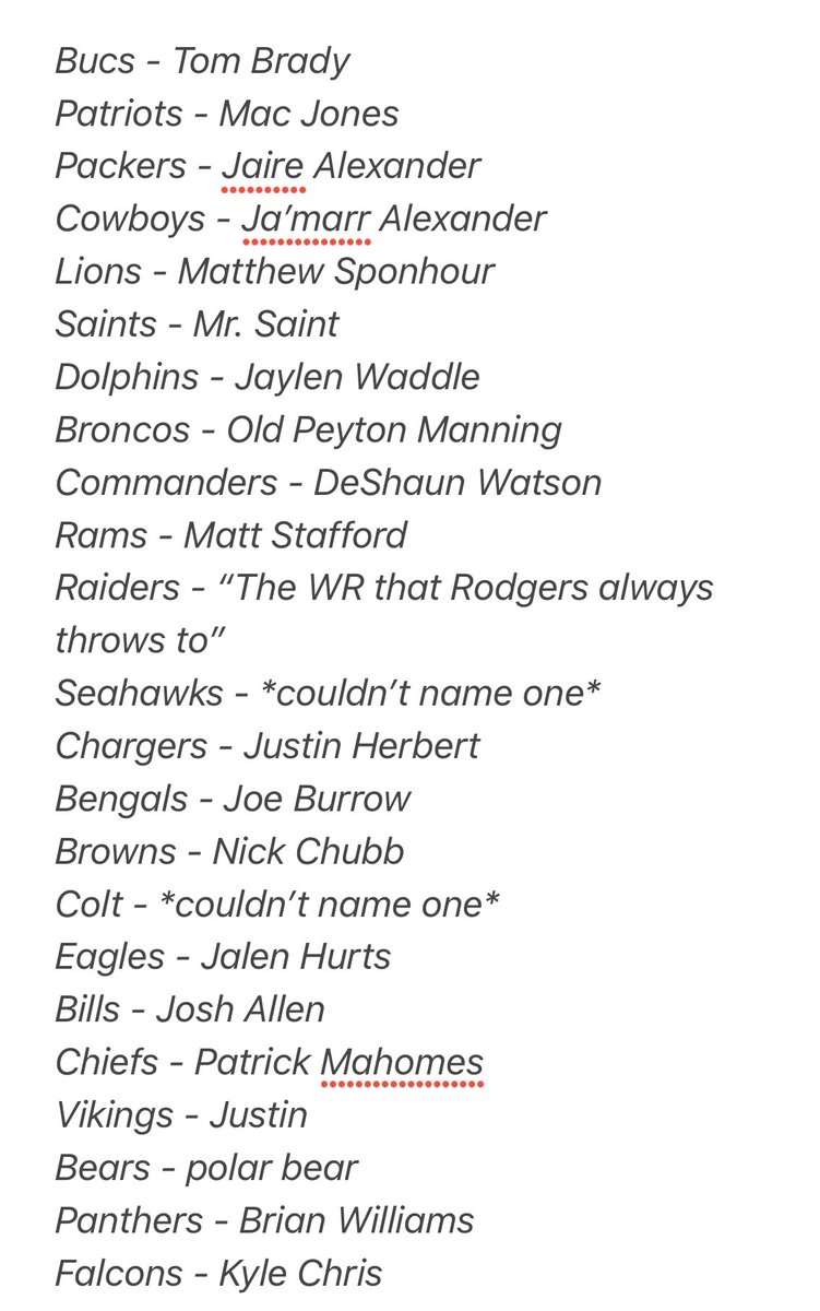 TheoAshNFL's tweet photo. Asked my girlfriend to name a player from every NFL franchise https://t.co/MA9Ar62JZr