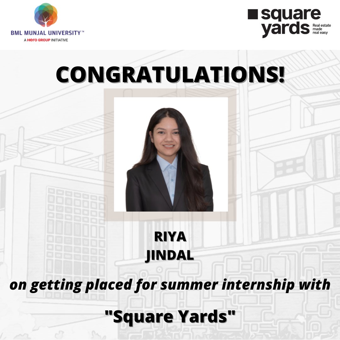 PlaceComm_BMU's tweet photo. Our sincere gratitude to Square Yards for giving our student the opportunity to showcase her abilities and talents.
We congratulate and wish her all the best for her summers.

#HEROSOFTODAY #BMU #Placements #Placecom #BMUkiAwaz #BMUtalks #BMLMunjalUniversity #MBA #SquareYards https://t.co/85zkrcrkNn